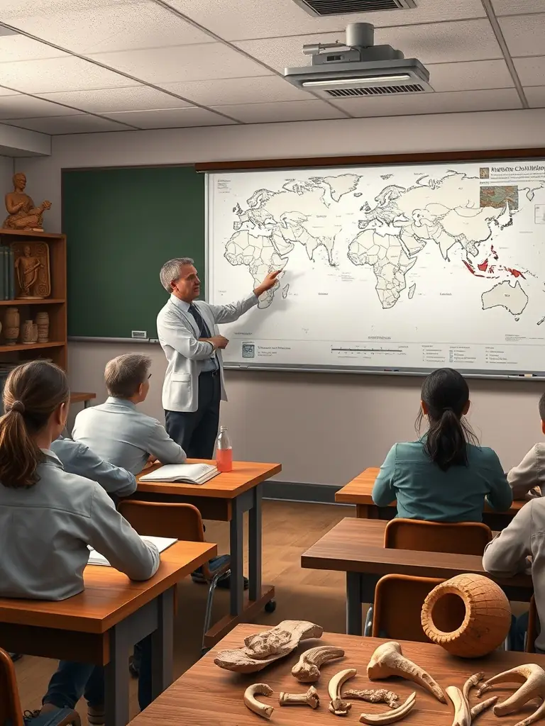 A classroom setting where an archaeologist is giving a presentation to students about ancient civilizations, using maps and artifacts as visual aids.
