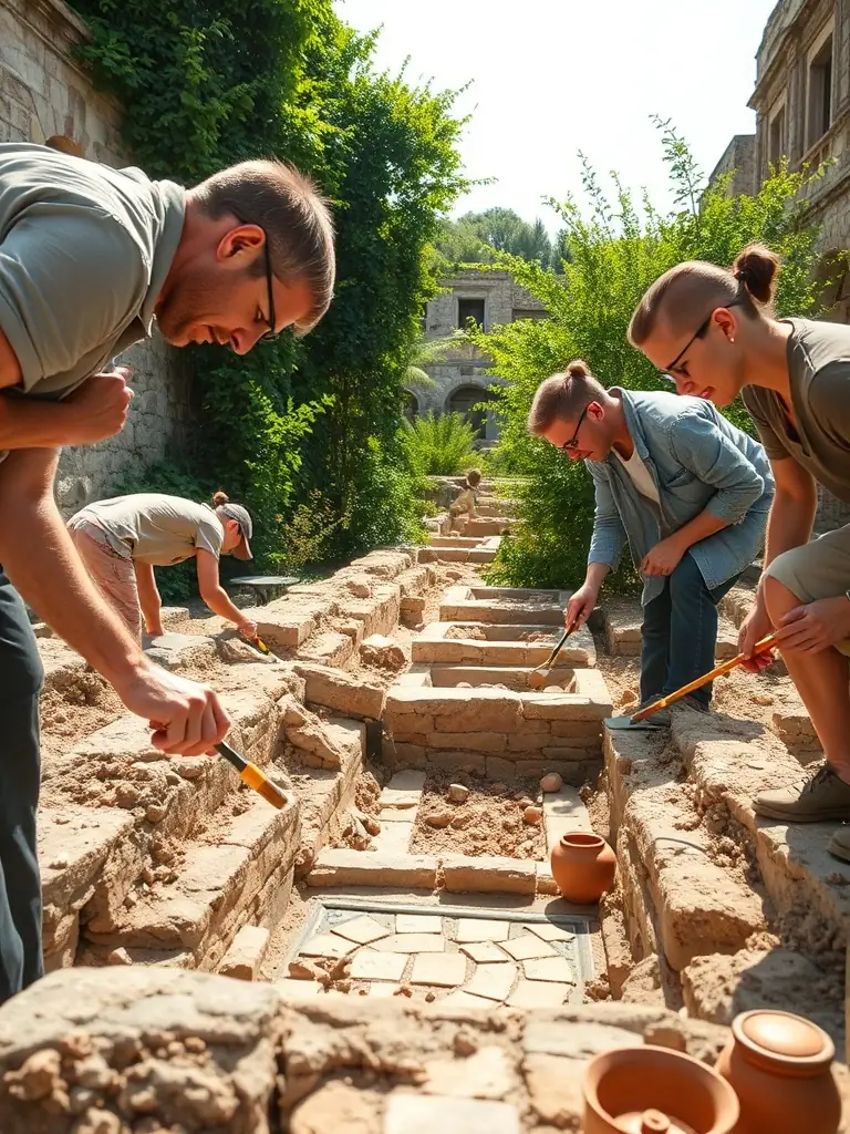 A group of archaeologists carefully excavating an ancient Roman villa site in Provence, France, using brushes and small tools to uncover artifacts.