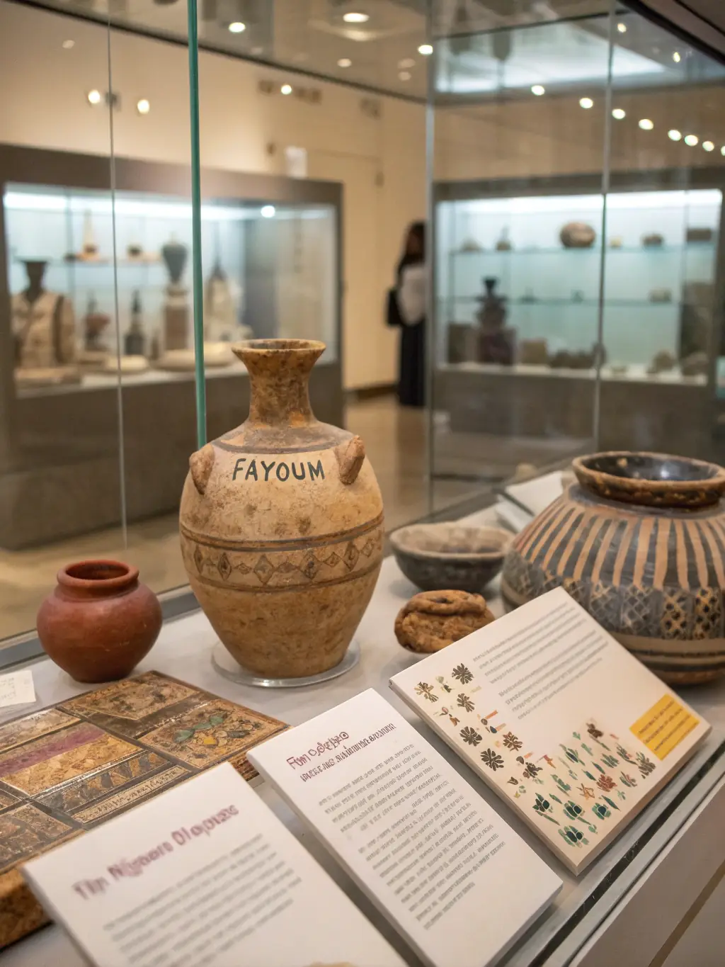 A photograph of a museum exhibit featuring artifacts discovered by UNION ARCHEOLOGIQUE, with informative displays and interactive elements.