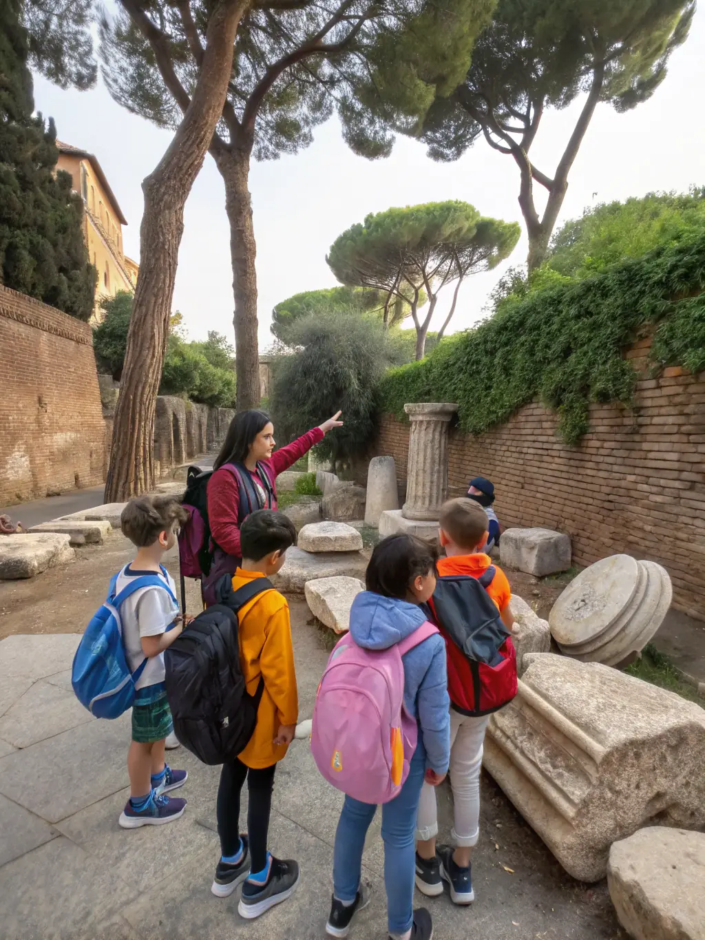 A group of people on a guided tour of an archaeological site, listening to an archaeologist explain the significance of the ruins.