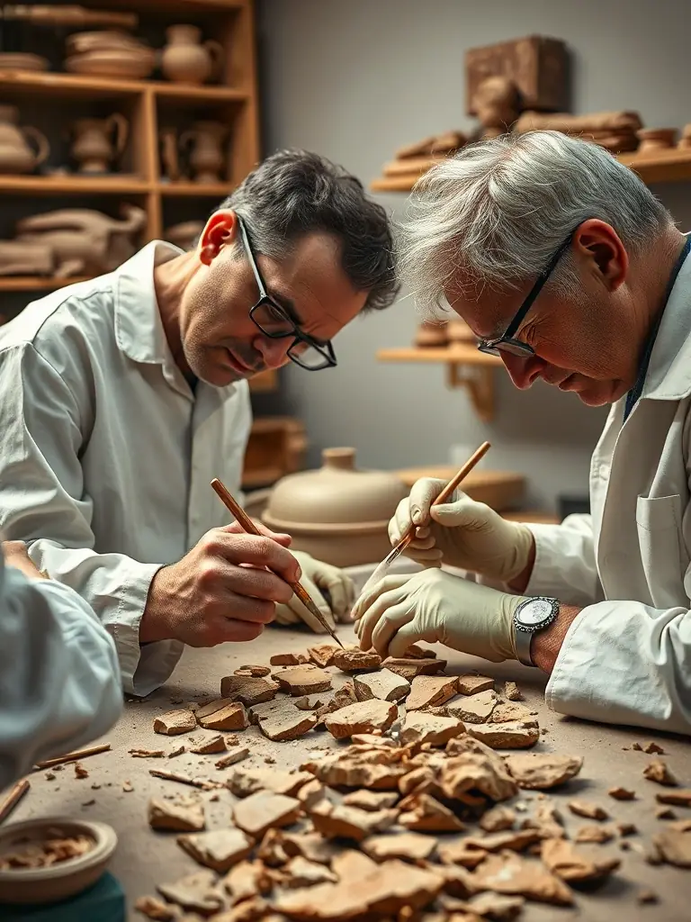 A photograph of volunteers cleaning and cataloging artifacts in a lab, with various tools and equipment visible.