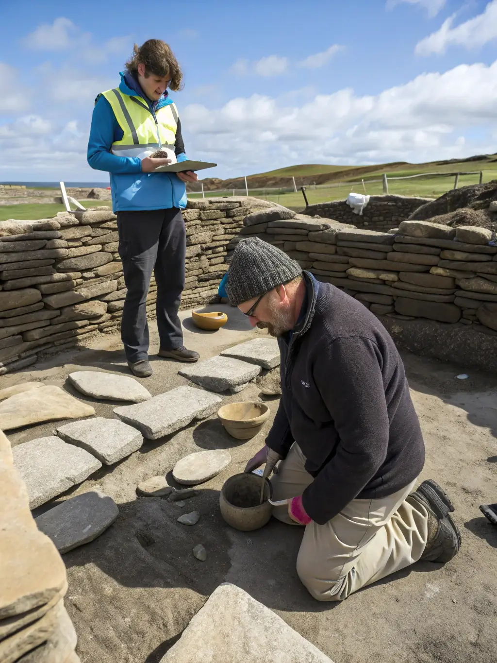 A photograph of archaeologists carefully excavating an ancient Roman villa site, with tools and equipment visible, under the supervision of a senior archaeologist.