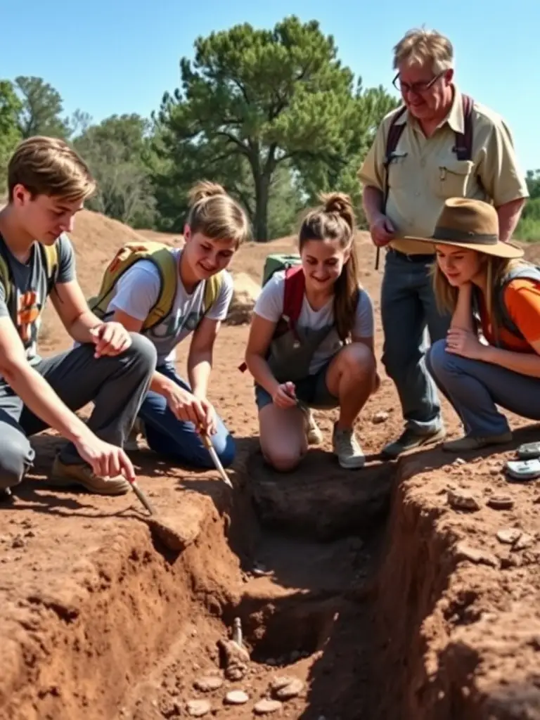 A group of students participating in an archaeological field school, learning excavation techniques and artifact identification from experienced instructors.
