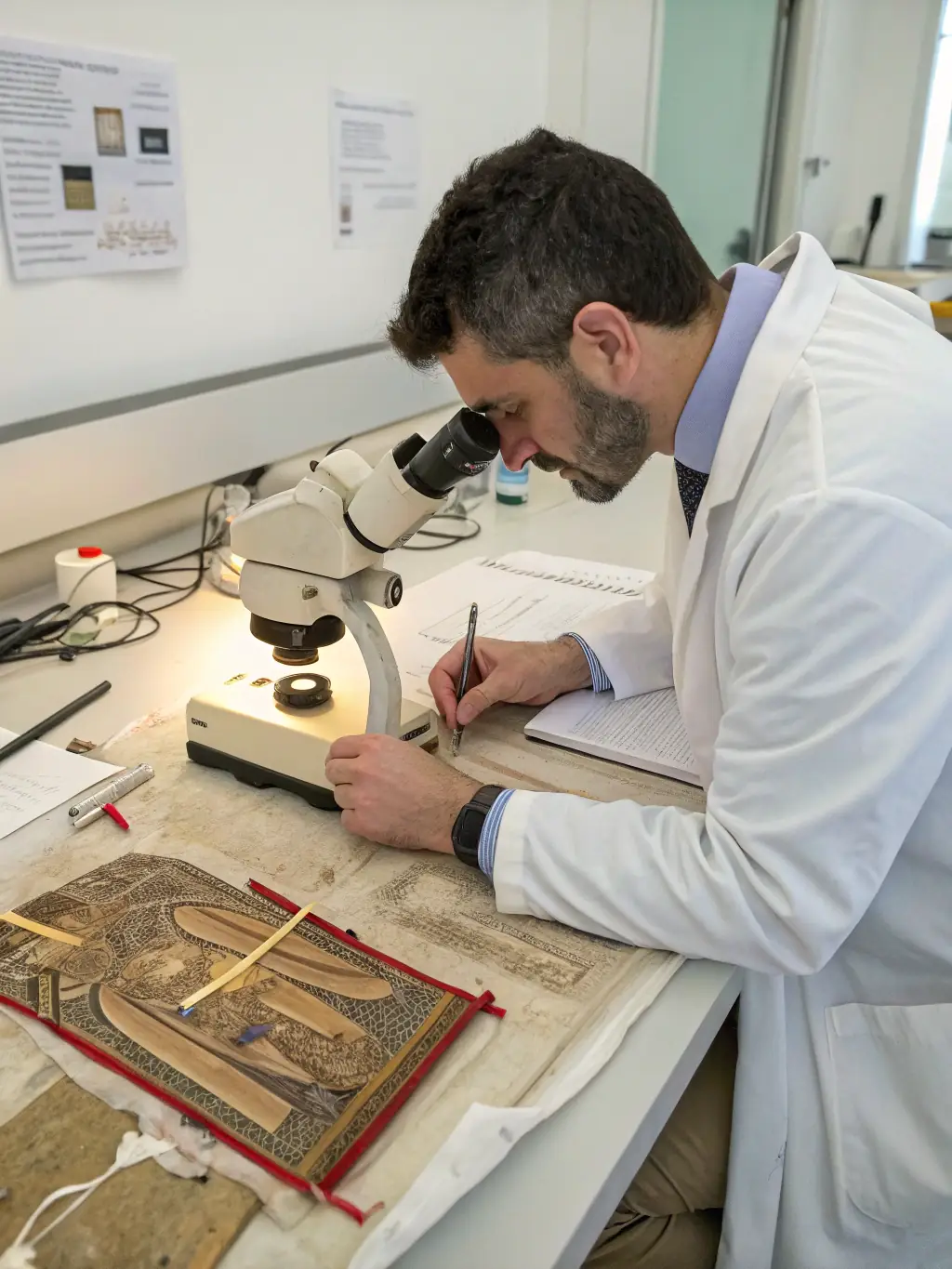 A researcher meticulously documenting and analyzing artifacts in a lab setting, using advanced techniques to understand their origins and significance.